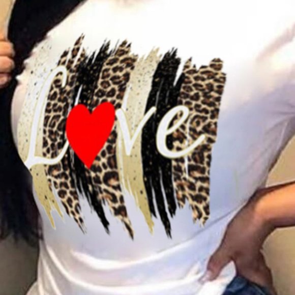 Leopard Letter&Heart Print Short Sleeve T-shirt - Picture 3 of 3